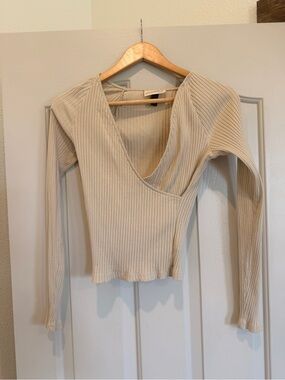 Universal Thread Ribbed Wrap-Style Long Sleeve Top in Cream